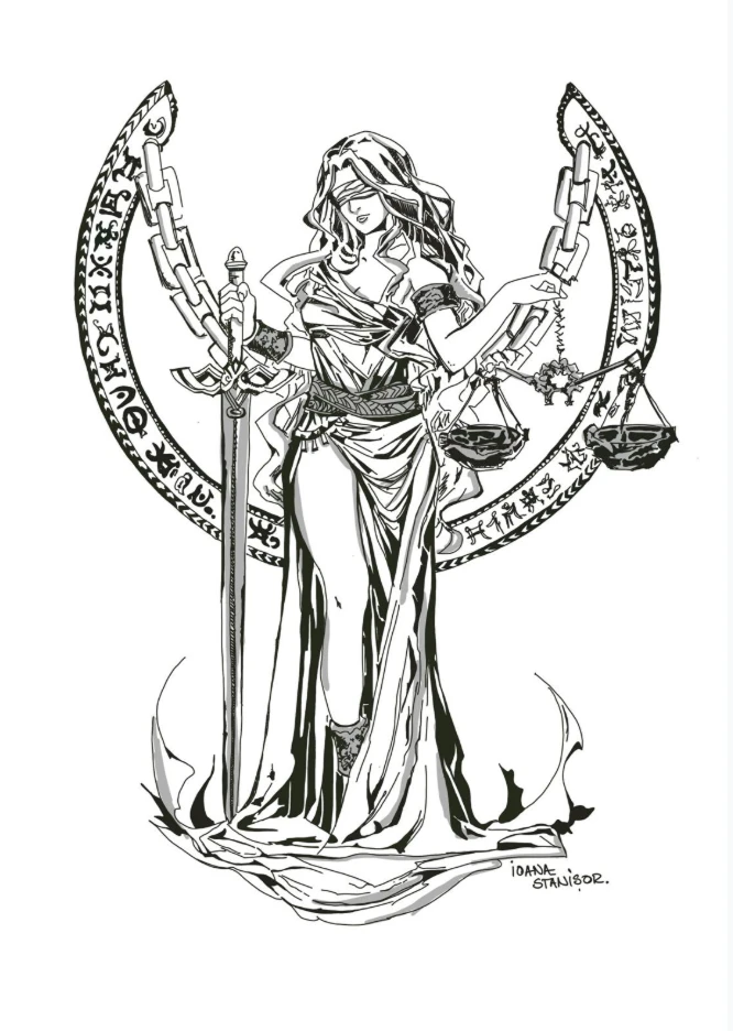 Ilustrație alb-negru cu zeița Justiției ținând o sabie și o balanță