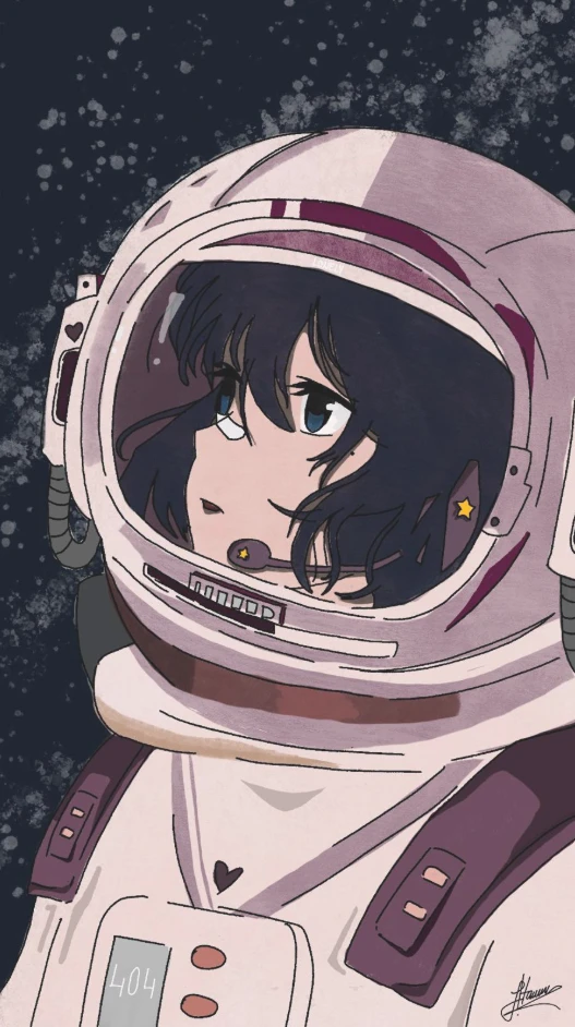 Ilustrație digitală cu o fată astronaut în stil anime, pe fundal înstelat