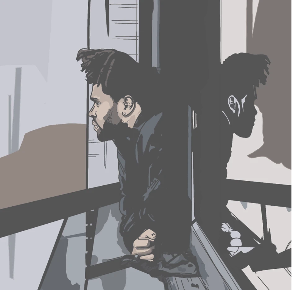 Ilustrație digitală cu un bărbat contemplativ lângă o fereastră cu reflexii