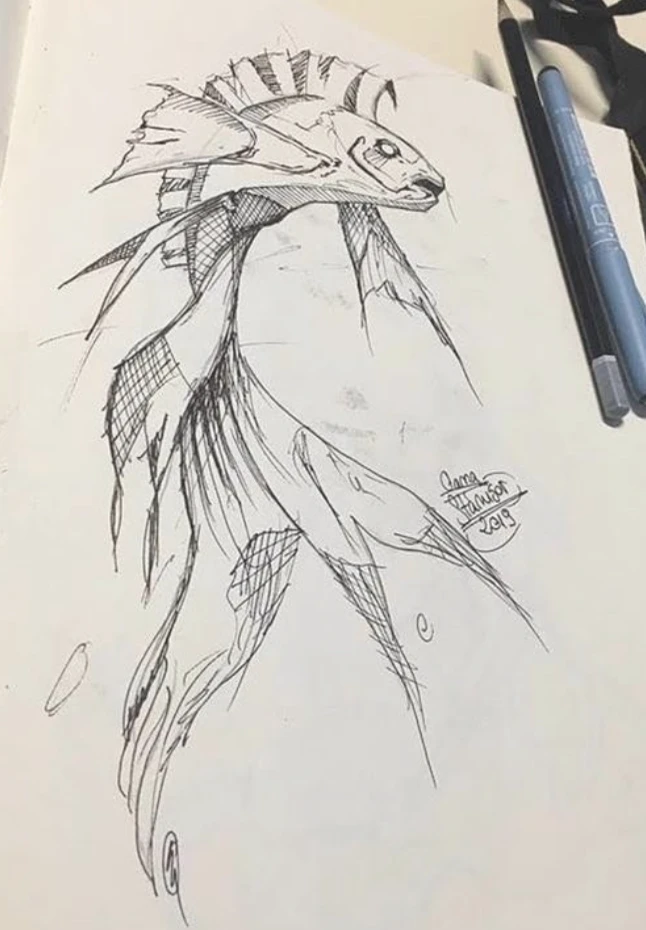Ilustrație în cerneală cu un pește fantastic cu înotătoare lungi, unduitoare