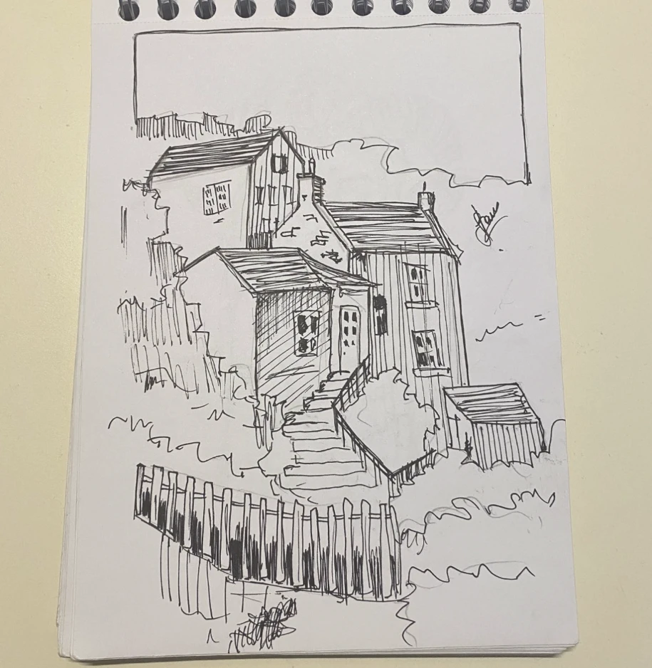 Ilustrație în tuș cu case rustice, scări și un gard din lemn