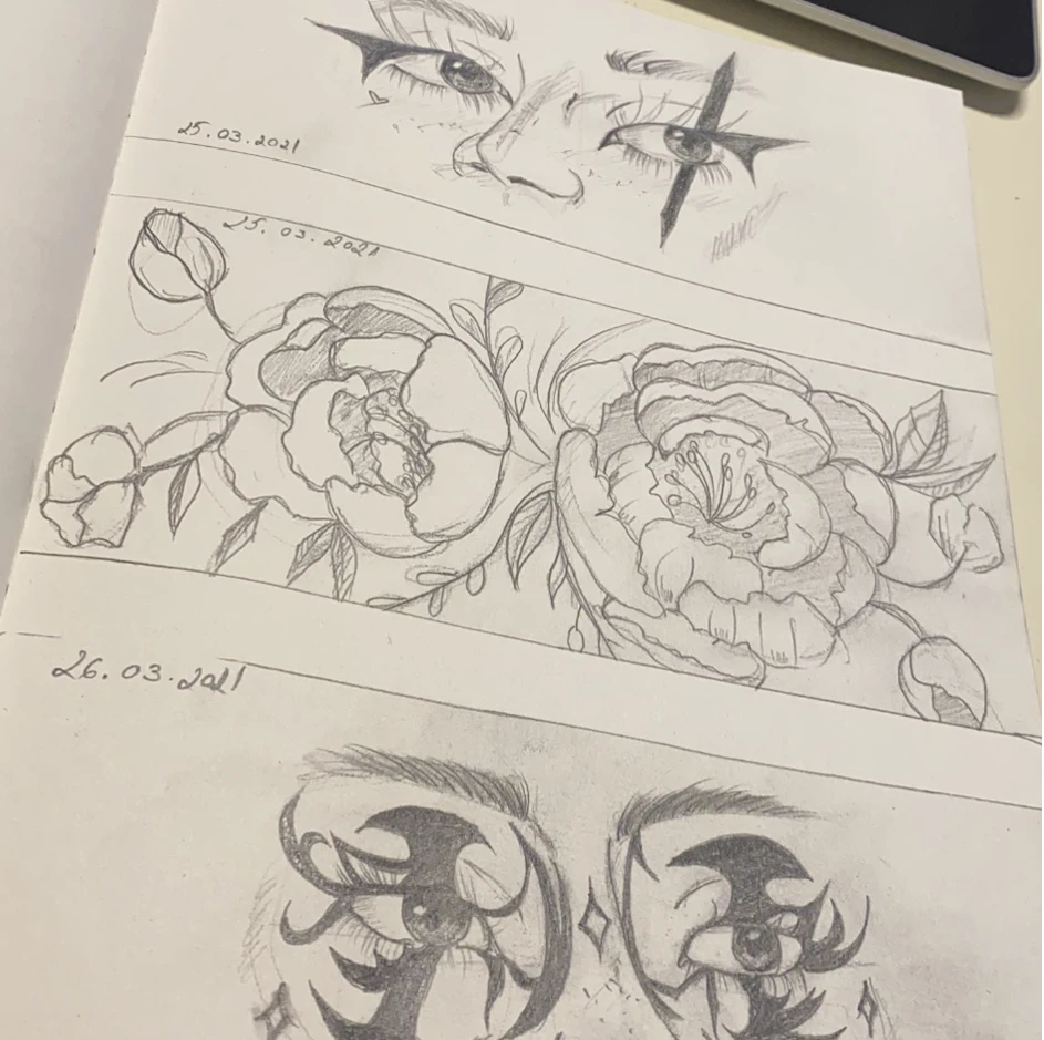 Ilustrații în creion cu flori și ochi cu machiaj decorativ îndrăzneț