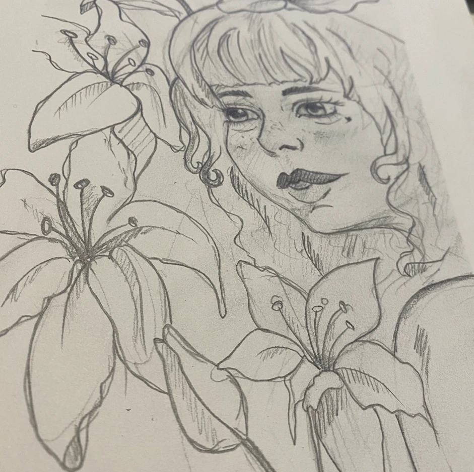 Ilustrație în creion cu o tânără înconjurată de crini