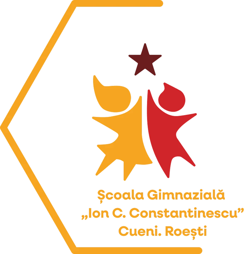 Siglă școlară cu doi copii stilizați întinzând mâinile spre o stea