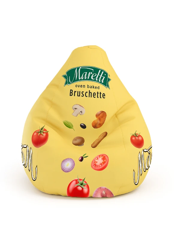 Machetă de fotoliu puf galben promovând bruschete coapte, cu ilustrații vegetale