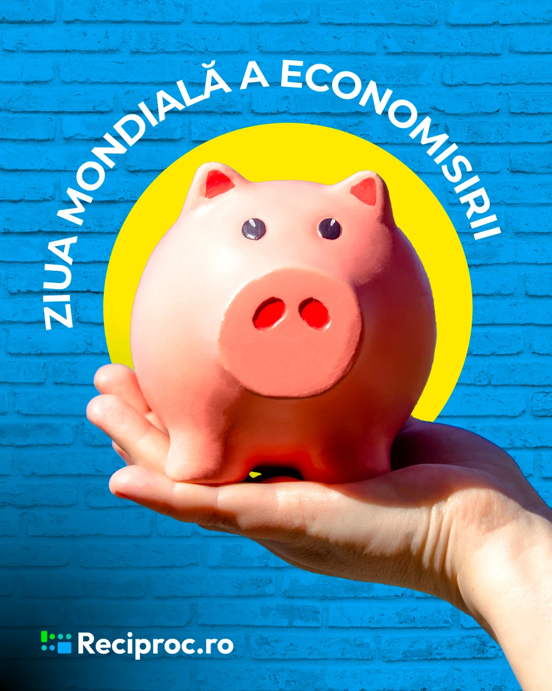 Postare pe rețele sociale despre Ziua Mondială a Economisirii, cu o pușculiță